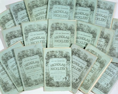 يغطي من الأعداد الشهرية لحياة ومغامرات نيكولاس نيكلبي بقلم تشارلز ديكنز (1812-70) ، نُشر عام 1839 (انظر 136075) بواسطة مدرسة اللغة الإنجليزية