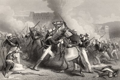 وفاة العميد أدريان هوب في الهجوم على حصن رودمو ، 15 أبريل 1858 ، من "تاريخ التمرد الهندي" المنشور عام 1858 بواسطة مدرسة اللغة الإنجليزية