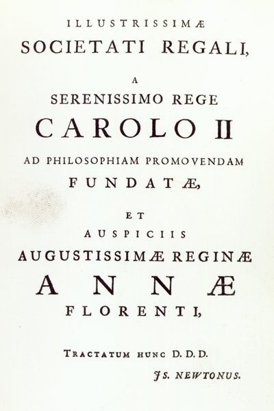 تفاني في الجمعية الملكية للطبعة الثانية من نيوتون فلسفية ناتشوراليس برينسيبيا ماثماتيكا. 1713 بواسطة مدرسة اللغة الإنجليزية