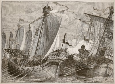 هزيمة الأسطول الفرنسي في القناة الإنجليزية ، رسم توضيحي من Cassells Illustrated History of England (sepia photo) بواسطة مدرسة اللغة الإنجليزية
