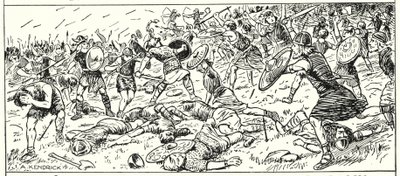Defeat of the West Saxons at Mount Budon, Somerset, AD 500 (lithograph) بواسطة مدرسة اللغة الإنجليزية