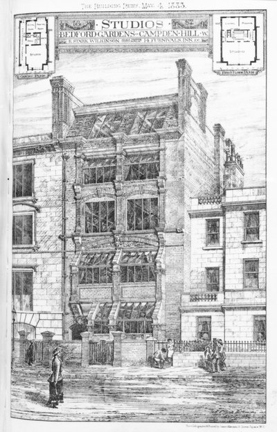 تصميم للاستوديوهات في حدائق بيدفورد ، كامبدين هيل ، لندن ، من The Building News ، 4 مايو 1883 بواسطة مدرسة اللغة الإنجليزية
