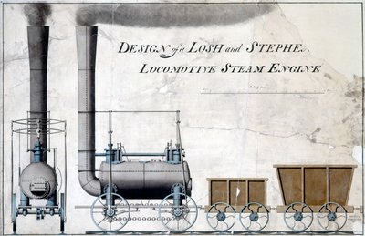 تصميم محرك بخاري قاطرة Losh and Stephenson ، حوالي عام 1826 (قلم وحبر وغسل على ورق) بواسطة مدرسة اللغة الإنجليزية