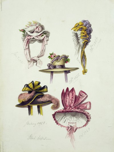 تصميمات ل Regency Hats ، 1828 (مرحاض بقلم رصاص على ورق) بواسطة مدرسة اللغة الإنجليزية