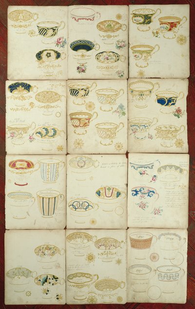 تصميمات لأكواب الشاي المنتجة في مصنع دانيال ، ستافوردشاير ، c.1845 (الغواش ، مرحاض والحبر على الورق) بواسطة مدرسة اللغة الإنجليزية