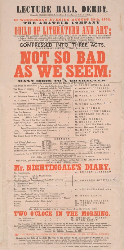 ديكنز playbill: ليس سيئًا للغاية كما نراه في قاعة المحاضرات ، ديربي ، برنامج 25 أغسطس 1852 بواسطة مدرسة اللغة الإنجليزية
