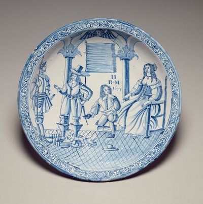 صحن مع الملكة كاثرين جالسة مع حذاء مزود بكافاليير راكع ، 1677 (خزف مزجج بالقصدير) بواسطة مدرسة اللغة الإنجليزية