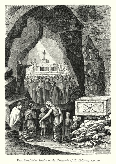الخدمة الإلهية في سراديب الموتى في سانت كاليكستوس ، 50 م (نقش) بواسطة مدرسة اللغة الإنجليزية
