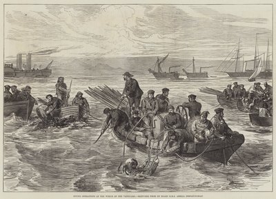 عمليات الغوص في حطام الطليعة ، مُرسومة من على متن السفينة HMS Amelia Despatch-Boat (نقش) بواسطة مدرسة اللغة الإنجليزية