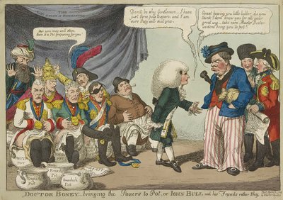 دكتور Boney_bringing the Powers to Pot ، أو John Bull وأصدقاؤه خجولون إلى حد ما. 1808 (نقش ملون يدوي) بواسطة مدرسة اللغة الإنجليزية