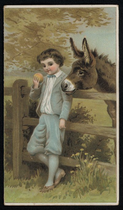 Donkey watching a boy with an apple, greetings card. (chromolitho) بواسطة مدرسة اللغة الإنجليزية