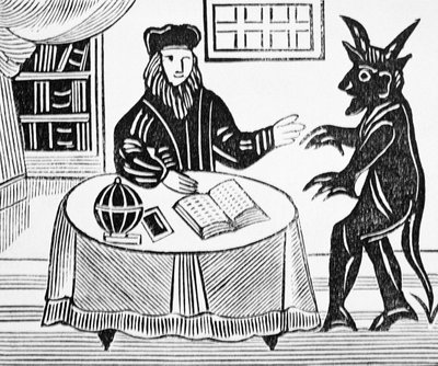 دكتور فاوست في الاستشارة مع الشيطان ، من ترجمة رجال للدكتور فاوست بقلم كريستوفر مارلو (1564-93) 1648 من مجموعة من الكتب المصغرة عن الباطنية بواسطة مدرسة اللغة الإنجليزية