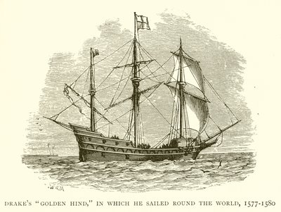 Drakes Golden Hind ، الذي أبحر فيه حول العالم ، 1577-1580 بواسطة مدرسة اللغة الإنجليزية