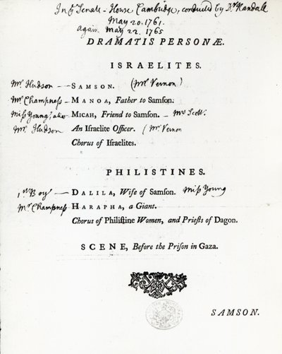 Dramatis Personae for Samson ، وهو Oratorio بواسطة Handel ، نشر في 1759 بواسطة مدرسة اللغة الإنجليزية