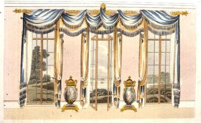 ستائر نافذة غرفة الرسم ، اللوحة 109 من مستودع الفنون في أكرمان ، نُشرت عام 1820 (لون ليثو) بواسطة مدرسة اللغة الإنجليزية