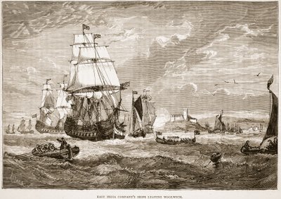 شركة شركة الهند الشرقية تغادر وولويتش ، صورة توضيحية من Cassells Illustrated History of India بقلم جيمس جرانت ، حانة. 1879 بواسطة مدرسة اللغة الإنجليزية