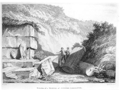 يزور إدوارد دانيال كلارك (1769-1822) بقايا معبد جوبيتر ليبرتور في ترود ، من الجزء الثاني من رحلات في بلدان مختلفة من أوروبا وآسيا وأفريقيا ، نُشر عام 1812 (وزن الجسم) بواسطة مدرسة اللغة الإنجليزية