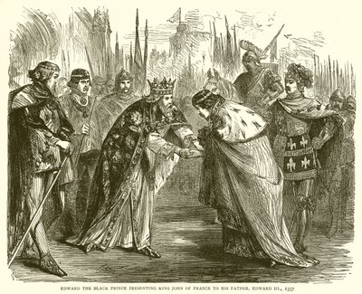 إدوارد الأمير الأسود يقدم الملك جون ملك فرنسا إلى والده ، إدوارد الثالث ، 1357 بواسطة مدرسة اللغة الإنجليزية