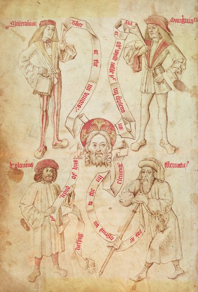 مثال: 2572 f.51v The Four Humours ، من كتاب Guild of the Barber Surgeons of York (رق) بواسطة مدرسة اللغة الإنجليزية