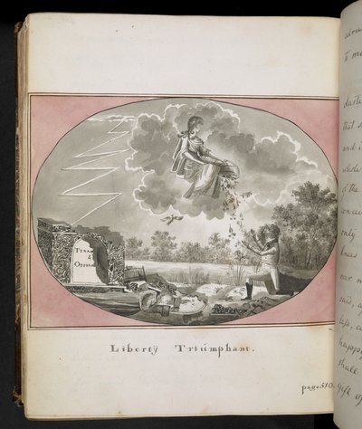 Egerton MS 2066 f.505 "Liberty Triumphant" ، من "The Adventures of Thomas Walter ، كما روى له أحد الأصدقاء:" السيرة الذاتية لـ Jorgen Jorgensen "(قلم حبر وحبر مغسول على الورق) بواسطة مدرسة اللغة الإنجليزية