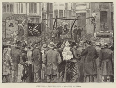 Eight-Hours Movement Procession in Melbourne, Australia (engraving) بواسطة مدرسة اللغة الإنجليزية