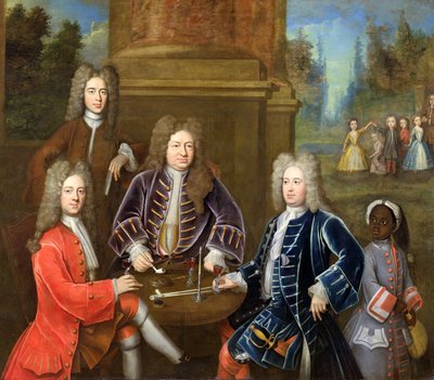 إليهو ييل (1648-1721) ، دوق ديفونشاير الثاني ، اللورد جيمس كافنديش ، السيد تونستال والصفحة ، ج .1708 بواسطة مدرسة اللغة الإنجليزية