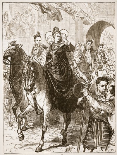 دخول إليزابيث العام إلى لندن ، رسم توضيحي من Cassells Illustrated History of England (sepia photo) بواسطة مدرسة اللغة الإنجليزية