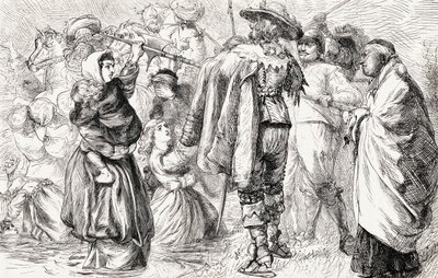 الغرق البروتستانت الإنجليز من قبل الكاثوليك الأيرلنديين خلال التمرد الأيرلندي عام 1641 ، c.1865 (نقش الخشب) بواسطة مدرسة اللغة الإنجليزية