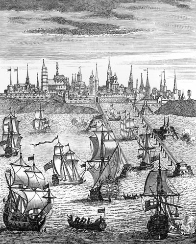 سرب إنجليزي يحمل قوات للاستيلاء على دونكيرك ، من "تاريخ الملكة آن (1665-1714)" ، حانة. عام 1740 بواسطة مدرسة اللغة الإنجليزية