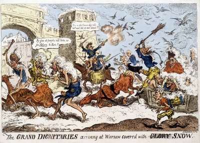 رسم كاريكاتيري إنجليزي عن وصول الجيش النابليوني إلى وارسو تحت الثلوج بعد انسحاب الروس في ديسمبر 1812. بواسطة مدرسة اللغة الإنجليزية