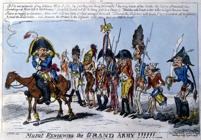 رسم كاريكاتوري إنجليزي يصور يواكيم مراد (1767 - 1815) ، مارشال الإمبراطورية على رأس الجيش العظيم. يناير ١٨١٣. بواسطة مدرسة اللغة الإنجليزية