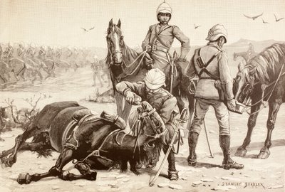 الفرسان الإنجليز يسقون خيولهم أثناء الحرب المهدية، السودان في ثمانينيات القرن التاسع عشر (ليثو) بواسطة مدرسة اللغة الإنجليزية