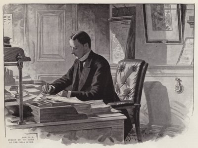 السياسي الإنجليزي جورج كرزون في العمل بمكتبه في مكتب الهند (ليثو) بواسطة مدرسة اللغة الإنجليزية