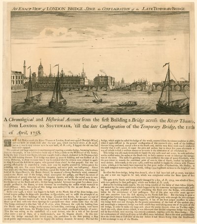 منظر دقيق لجسر لندن منذ حريق الجسر المؤقت المتأخر ، 11 أبريل 1758 بواسطة مدرسة اللغة الإنجليزية