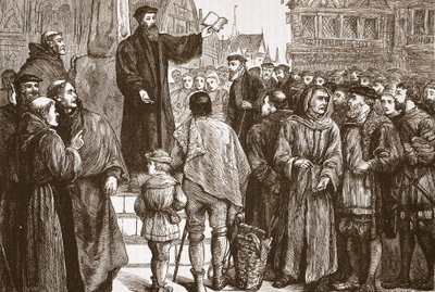 الوعظ فاريل في سوق Neuchatel ، التوضيح من تاريخ البروتستانتية بقلم جيمس أيتكين ويلي (1808-1890) ، حانة. 1878 بواسطة مدرسة اللغة الإنجليزية