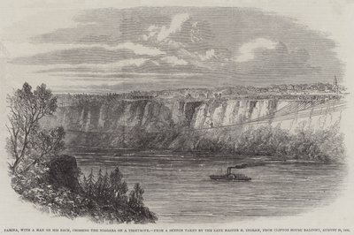 فارينا ، مع رجل على ظهره ، يعبر نياجرا على حبل مشدود ، من Clifton House Balcony ، 29 أغسطس 1860 (نقش) بواسطة مدرسة اللغة الإنجليزية