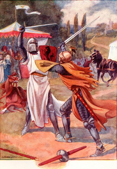 فرسان القتال في الدروع. رسم توضيحي ملون من كتاب quot;بوابة تينيسونquot; المنشور عام 1910. بواسطة مدرسة اللغة الإنجليزية
