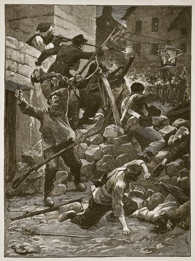 القتال في المتاريس في باريس ، رسم توضيحي من Cassells Illustrated History of England (sepia photo) بواسطة مدرسة اللغة الإنجليزية