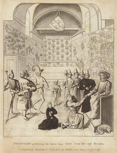 قدم Froissart رسائله من Guy Court de Blois إلى Gaston Phoebus Count de Foix في قصر Orthez بواسطة مدرسة اللغة الإنجليزية