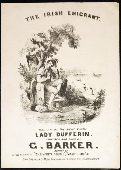 الغلاف الأمامي لدرجة الموسيقى لـ The Irish Immigrant ، من تأليف ليدي دوفيرين ، ألحان جي باركر بواسطة مدرسة اللغة الإنجليزية