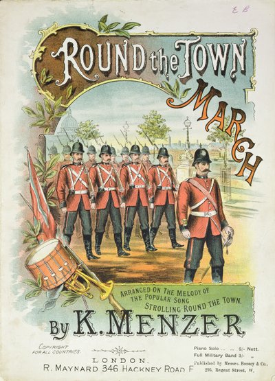 الغلاف الأمامي لموسيقى الموسيقي لـ Round the Town March ، من تأليف K. Menzer بواسطة مدرسة اللغة الإنجليزية