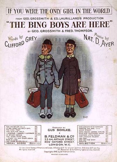 الغلاف الأمامي للنوتة الموسيقية لـ "The Bing Boys are Here" ، بقلم جيو غروسميث وفريد طومسون ، كلمات لكليفورد جراي ، موسيقى نات دي آير (لون ليثو) بواسطة مدرسة اللغة الإنجليزية