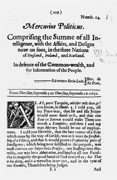 الصفحة الأولى ، من Mercurius Politicus ، دفاعًا عن الكومنولث ومعلومات الشعب ، 1650 بواسطة مدرسة اللغة الإنجليزية