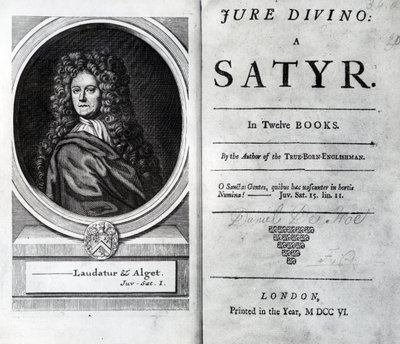 واجهة الصفحة وصفحة العنوان لـ Jure Divino: A Satyr بواسطة Daniel Defoe ، تم نشره عام 1706 بواسطة مدرسة اللغة الإنجليزية