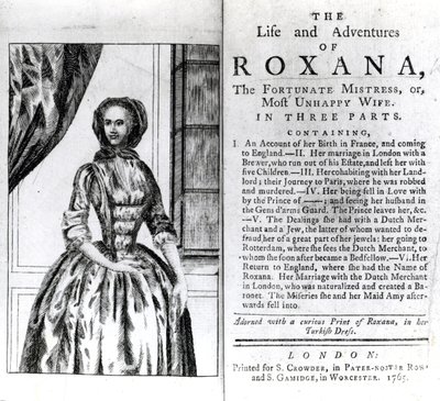 الصفحة الأمامية وصفحة العنوان لـ The Life and Adventures of Roxana by Daniel Defoe ، نُشر عام 1765 بواسطة مدرسة اللغة الإنجليزية