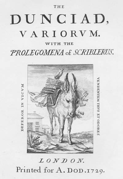 الصفحة الأمامية وصفحة العنوان إلى The Dunciad Variorum بواسطة ألكسندر بوب ، 1729 بواسطة مدرسة اللغة الإنجليزية
