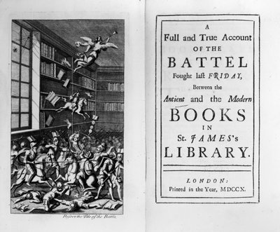 صورة من الصفحة وجزء العنوان لمعركة الكتب بقلم جوناثان سويفت ، نُشر عام 1710 بواسطة مدرسة اللغة الإنجليزية