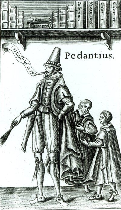 صورة من فيلم "Pedantius" ، كوميديا من إنتاج إدوارد فورسيت أنتجت في كامبريدج عام 1581 (نقش خشبي) بواسطة مدرسة اللغة الإنجليزية
