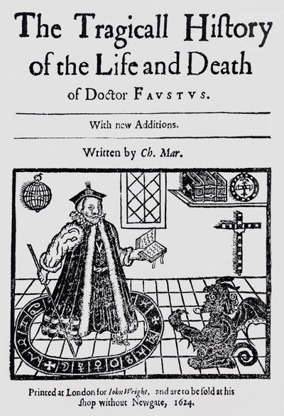 صورة في وجه التاريخ المأساوي لحياة وموت الدكتور فاوست ، بقلم كريستوفر ماركلين ، c.1616 بواسطة مدرسة اللغة الإنجليزية