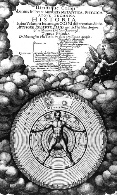 صورة لواجهة Utriusque Cosmi Historia بقلم روبرت فولود ، المجلد الأول ، نُشر عام 1617 بواسطة مدرسة اللغة الإنجليزية